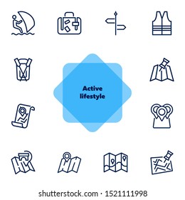 Active lifestyle line icon set. Set of line icons on white background. Boat, surfing, map. Tourism concept. Vector illustration can be used for topics like travelling, activity