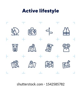 Active lifestyle line icon set. Set of line icons on white background. Boat, surfing, map. Tourism concept. Vector illustration can be used for topics like travelling, activity