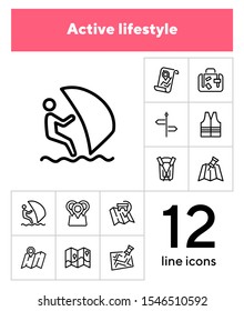 Active lifestyle line icon set. Set of line icons on white background. Boat, surfing, map. Tourism concept. Vector illustration can be used for topics like travelling, activity