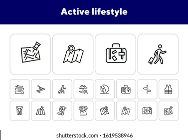 Active lifestyle line icon set. Set of line icons on white background. Boat, surfing, map. Tourism concept. Vector illustration can be used for topics like travelling, activity
