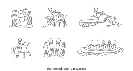 Active lifestyle linear icon set. Atv and nountain bike, Rafting and Horse riding, Skiing and snowmobiling. Glamping outdoor entertainment. Vector illustration