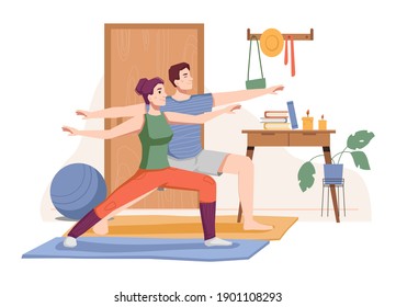 Aktiver Lebensstil von Mann und Frau, die zu Hause trainieren und arbeiten. Männlich und weiblich, Paarübungen zu Hause zusammen. Fitness-Unterricht und Sport für Abs. Cartoon-Charakter, Vektorgrafik im flachen Stil