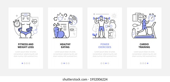 Active lifestyle - modern line design style web banners with copy space for text. Fitness and weight loss, healthy eating, power exercises, cardio training carousel posts. Sports and healthcare