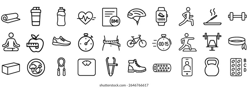 Active Lifestyle Outline Icon Set – Showcasing Training, Nutrition, Equipment, and Mental Wellness Elements in Stroke Style.