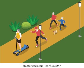 Active Lifestyle in the Park with Scooters, Skating, and Walking 3d isometric vector illustration