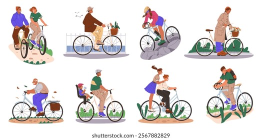 Active lifestyle of people riding bikes for fun or as mean of transport. Vector in flat style, set of characters, young and senior personages on bicycles riding from shop, to work. Recreation hobby