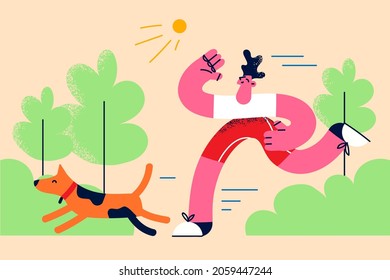 Active lifestyle with pets concept. Young smiling man boy running jogging making training in park on summer with his dog together vector illustration