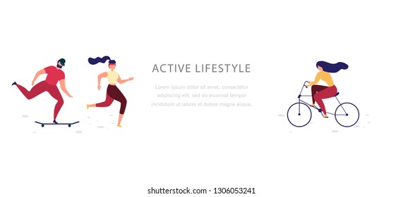 Active Lifestyle and Physical Activity Flat Vector Web Banner or Landing Page Template with People Going Sports, Running, Ride Bicycle and Skateboarding Illustration Isolated on White Background