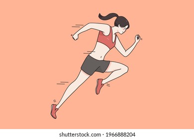 Active lifestyle and running concept. Cheerful fitness active woman cartoon character sportsman in sportswear running trying to be first vector illustration 