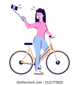 Active lifestyle semi flat RGB color vector illustration. Girl on bicycle holding selfie stick isolated cartoon character on white background
