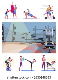 Active lifestyle set. Dad and son exercising together, body trainer, gym interior. Flat vector illustrations. Sport, activity, energy concept for banner, website design or landing web page