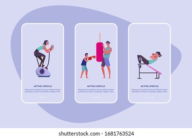 Active lifestyle set. Dad and son exercising together, body trainer, gym interior. Flat vector illustrations. Sport, activity, energy concept for banner, website design or landing web page