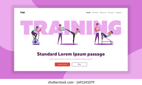 Active lifestyle set. Dad and son exercising together, body trainer, gym interior. Flat vector illustrations. Sport, activity, energy concept for banner, website design or landing web page
