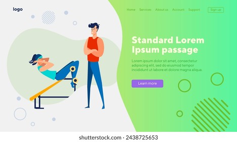 Active lifestyle set. Dad and son exercising together, body trainer, gym interior. Flat vector illustrations. Sport, activity, energy concept for banner, website design or landing web page