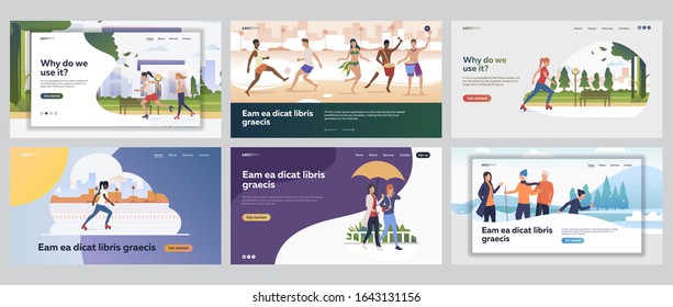 Active lifestyle set. Young people roller skating, dancing on beach, hiking. Flat vector illustrations. Outdoor activities, summer, winter concept for banner, website design or landing web page