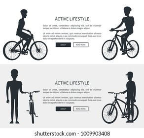 Active lifestyle, silhouettes of cyclists wearing helmets, web page with informational text and buttons, lettering isolated on vector illustration