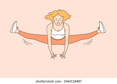 Active lifestyle and sport concept. Cheerful fitness woman cartoon character doing workout athlete jumping in air and stretching her legs vector illustration 