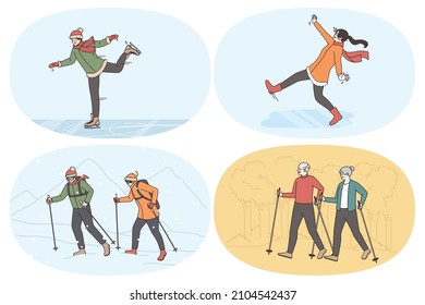 Estilo de vida activo y concepto deportivo. Juego de personas patinando en pista durante el invierno cayendo sobre hielo excursionismo con palos en las montañas y en el parque durante el verano ilustración vectorial 