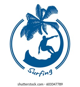 Active lifestyle, sport and rest. Surfer, palm tree, wave