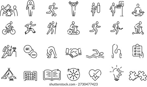 La hoja de iconos de estilo de vida activa tiene iconos de trazo negro editables de Vector establecidos para el diseño de interfaz de usuario, interfaces de usuario, Web, ocio de espectáculos de App, bienestar