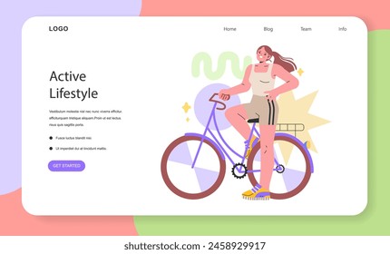 Active Lifestyle theme. A woman pauses during a bike ride, embodying the energy and movement of fitness-focused youth. Health and vitality through exercise showcased with playful dynamism. Vector