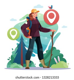 Active lifestyle, tourism concept. A young girl hiker is standing in a forest with a backpack