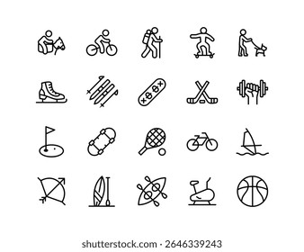 Conjunto de Ícones do Vetor de Estilo de Vida Ativo | Espessura ajustável da linha | Esportes, ciclismo, caminhadas, skate, fitness, tênis, golfe, esqui, caiaque, passeios a cavalo, ícones de recreação ao ar livre