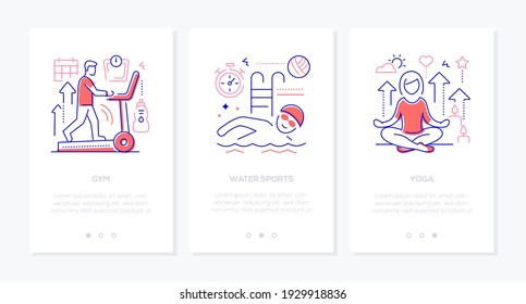 Estilo de vida activo - Banners web de diseño de líneas vectoriales con espacio de copia para texto. La idea de la recreación. Gimnasio, deportes náuticos, ejercicios de yoga. Imágenes de personas nadando, corriendo sobre una cinta caminante, meditando