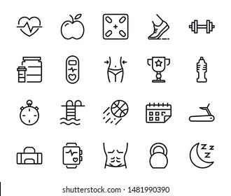 Active lifestyle vector line icons set. Collection of 20 symbol of apple, medal, basketball, waterpool and other. Group of pixel perfect pictogram for web design.  