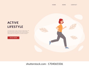 Plantilla de banner web de estilo de vida activo con personaje de caricatura de mujer, ilustración vectorial plana. La actividad deportiva y la página de inicio de la atención médica se burlan.