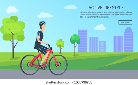 Active lifestyle, web page with text sample, title and button, cyclist in helmet with bike riding on road, cityscape with clouds vector illustration