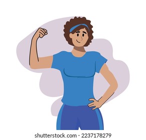 Active lifestyle and workout concept. Cheerful fitness woman cartoon character in sportswear standing after workout athlete showing power and biceps vector illustration.