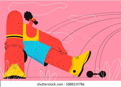 Active lifestyle, workout, sport concept. Young bearded man cartoon character standing and doing stretching exercises before training or running on stadium vector illustration