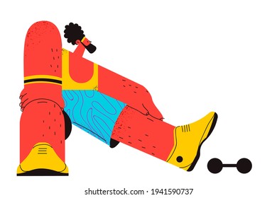 Active lifestyle, workout, sport concept. Young bearded man cartoon character standing and doing stretching exercises before training or running on stadium vector illustration
