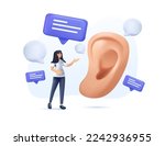 Active listening 3D illustration. Attentive character, correct manners, etiquette and courtesy. Young girl next to big ear. Conversation, communication, collaboration. 3D render vector illustration