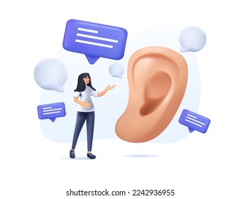 Ilustración 3D de escucha activa. Carácter atento, modales correctos, etiqueta y cortesía. Jovencita al lado de la oreja grande. Conversación, comunicación, colaboración. Ilustración vectorial 3D