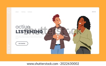 Active Listening, Communication, Conversation Landing Page Template. Young Man and Woman Talking, Chatting or Communicate. Friends or Colleagues Friendly Discussing. Cartoon People Vector Illustration