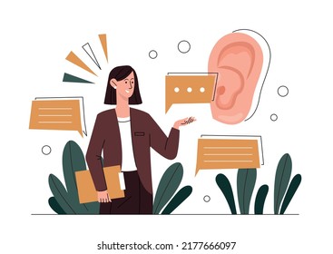 Active listening concept. Attentive character, correct manners, etiquette and courtesy. Young girl next to big ear. Conversation, communication, collaboration. Cartoon flat vector illustration - Shutterstock ID 2177666097