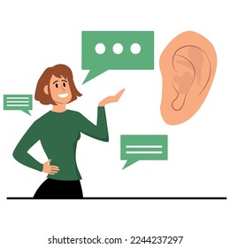 Active listening concept. Attentive character, correct manners, etiquette and courtesy. Young girl next to big ear. Conversation, communication, collaboration. Cartoon flat vector illustration.