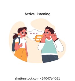 Concepto de escucha activa. Los niños en edad escolar participan en un intercambio de comunicaciones, demostrando el poder de las habilidades de escucha activas. Ilustración vectorial plana.
