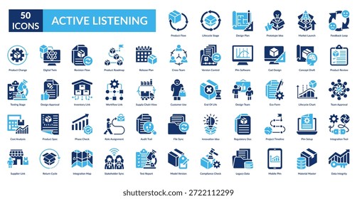 Escucha Activa Un Conjunto De Iconos De Relleno. Flujo de Producto, Etapa de ciclo de vida, Plan de diseño, Idea de prototipo, Lanzamiento de mercado, Bucle de Comentarios, Revisión de Producto