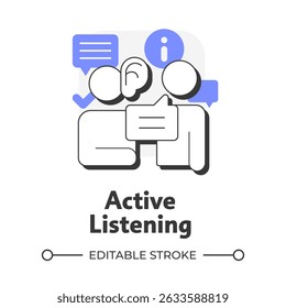 Active listening flat outline concept icon. Good listener. Pay attention. Selling skill. Sales professional. Deal closing. Modern line illustration with purple glyphs. Conceptual visual. Easy to edit