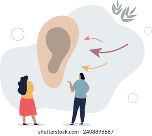 Active listening and hear focused what other is saying.Conversation and communication skill to pay full attention for speech and message.flat vector illustration.