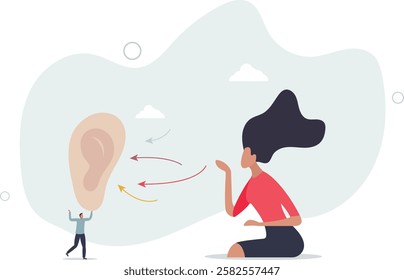 Active listening and hear focused what other is saying.Conversation and communication skill to pay full attention for speech and message .flat characters.