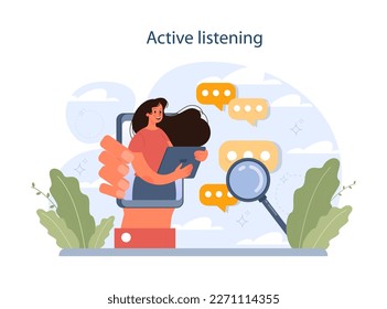 Active listening. HR manager soft skills. HR agent competencies and professional ethic. Professional communication for job recruitment, applicant interviewing and coaching. Flat vector illustration