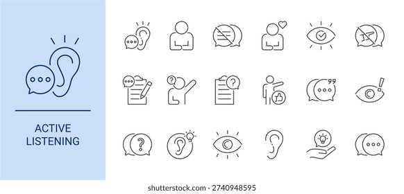 Active Listening icon set containing pay attention, don`t interrupt, show empathy, eye contact, withhold judgment, summarize, show interest, clarify, positive body language, paraphrase vector icon 