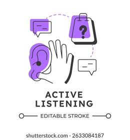 Active listening modern linear concept icon. Social communication. Customer service, engagement. Empathy, skill. Flat outline elements connected with dotted lines. Creative visual. Easy to edit