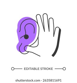 Active listening offset shadow line icon. Social communication, empathy. Skill development, customer service. Bold outline symbol with solid purple fill. Modern flat illustration. Editable stroke