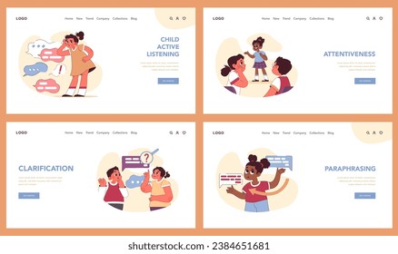 Active listening set. Child practices communication skills. Attentiveness, paraphrasing, affirmation. Learning to hear spokesperson, asking to clarify and emphasize essence. Flat vector illustration