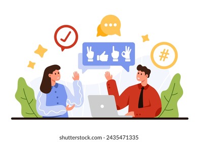 Active listening skill for business communication and negotiation. Tiny people using nonverbal body language and gestures in conversation for better understanding cartoon vector illustration